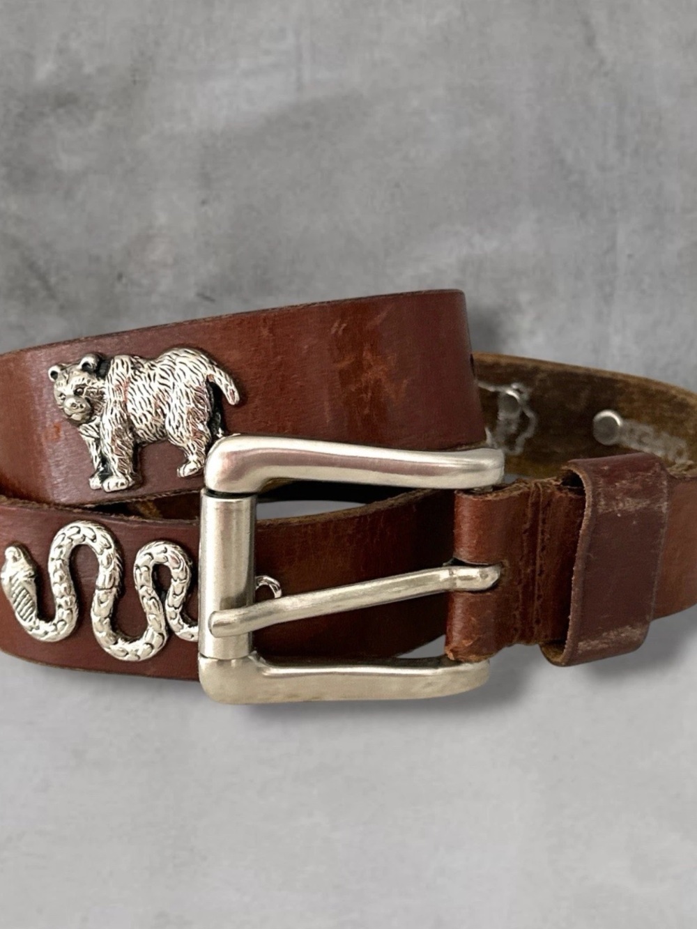 VTG Capezio LEATHER CONCHO BELT SILVER METAL BEAR SNAKE LIZARD BUFFALO M/L